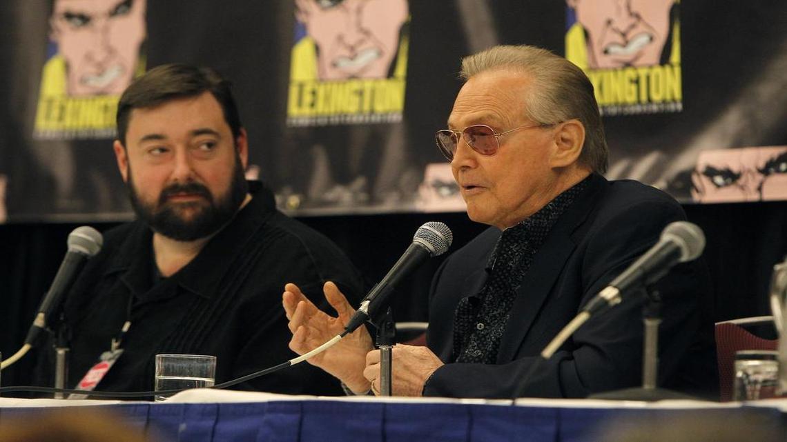 Lee Majors spoke at a session moderated by Joe Lewis, left, at the Lexington Comic and Toy Convention at the Hyatt Regency on Sunday.