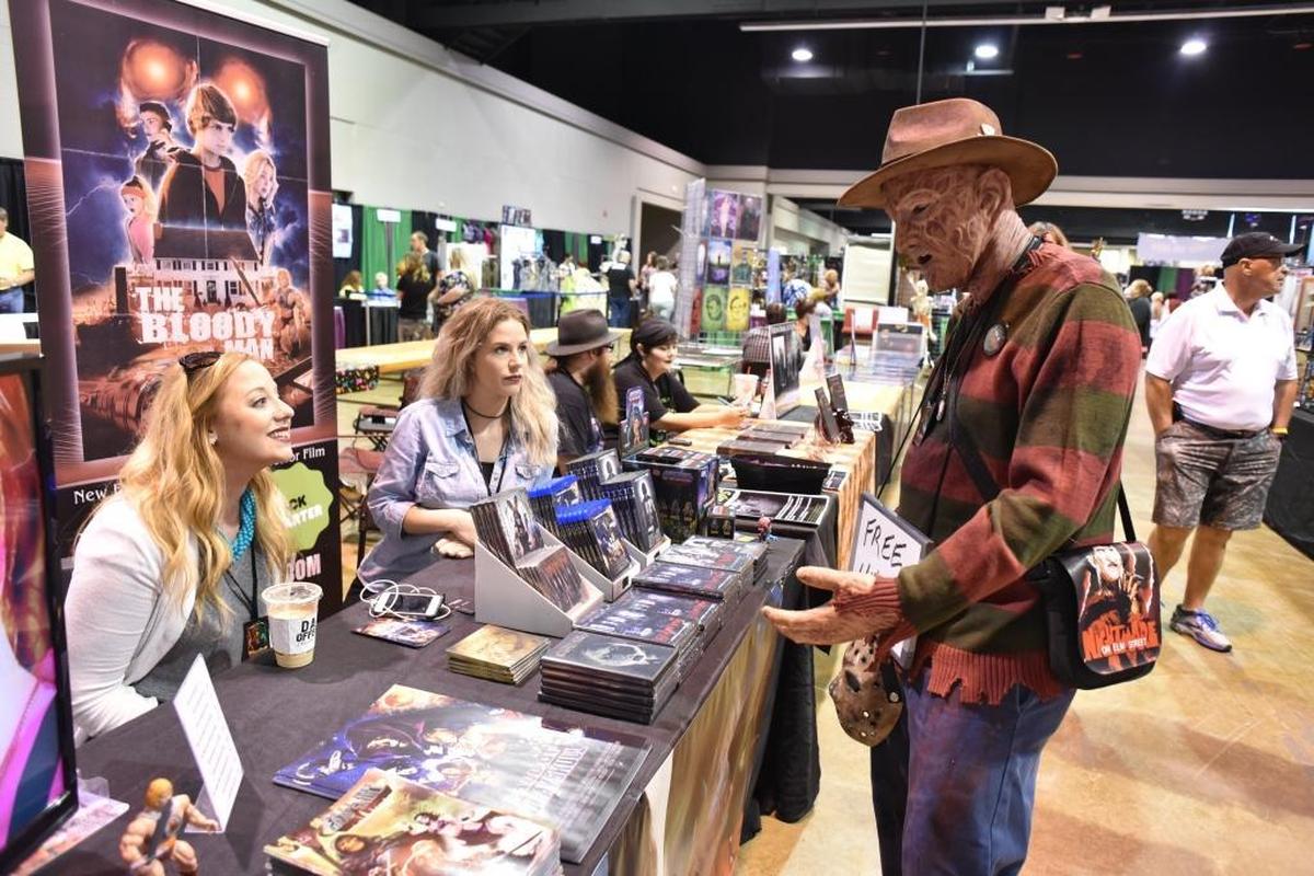 Casi Benedict and Mercedez Varble of Owensboro-based Red Serial Films chatted with Bruce Thompson of Columbus, Ga., who was dressed as “Nightmare on Elm Street” villain Freddy Krueger during the 2017 Scarefest.