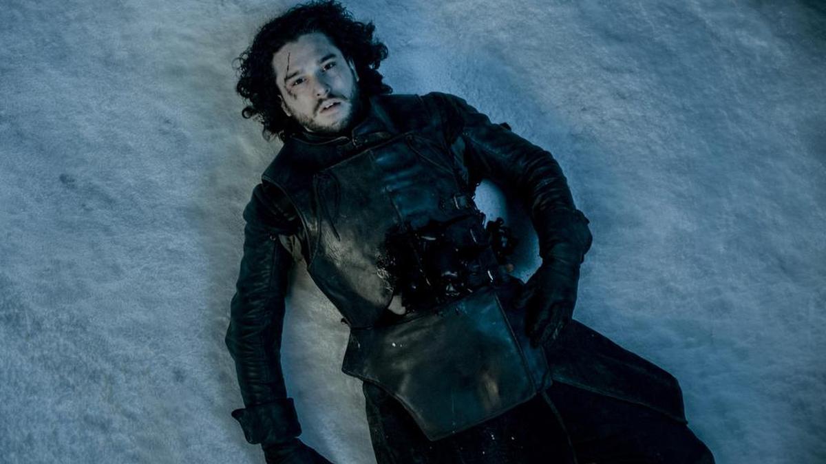 Kit Harington, as the dead Jon Snow, in the season 5 finale of Game of Thrones.