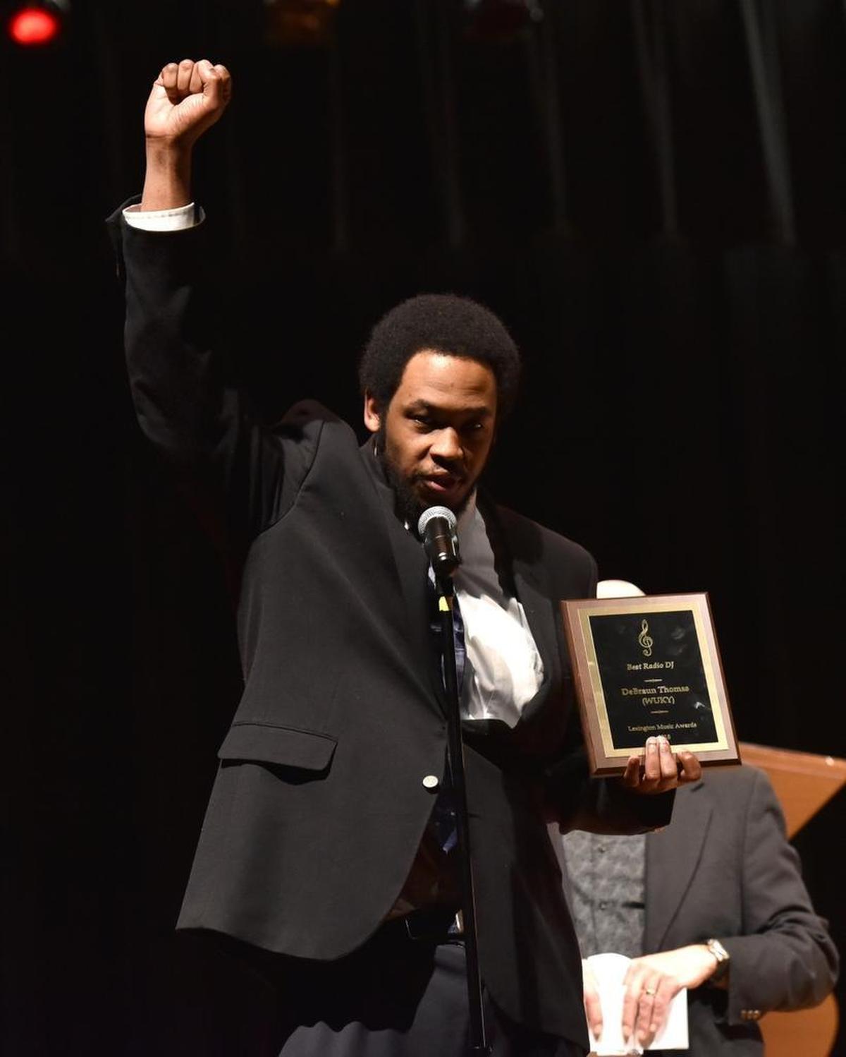DeBraun Thomas accepted his Lexington Music Award for best radio DJ in 2018.
