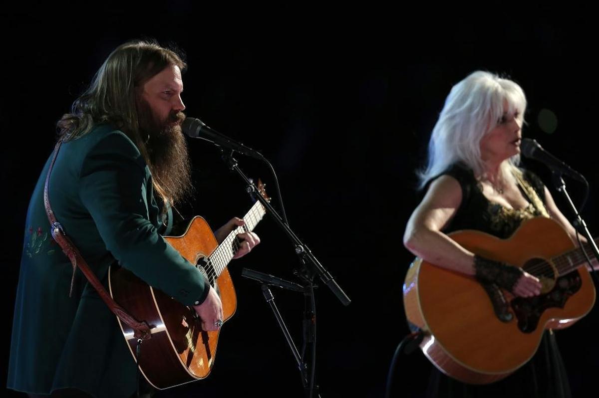 Chris Stapleton and Emmylou Harris performed “Wildflowers” Sunday during an in memoriam tribute to Tom Petty at the Grammy Awards.