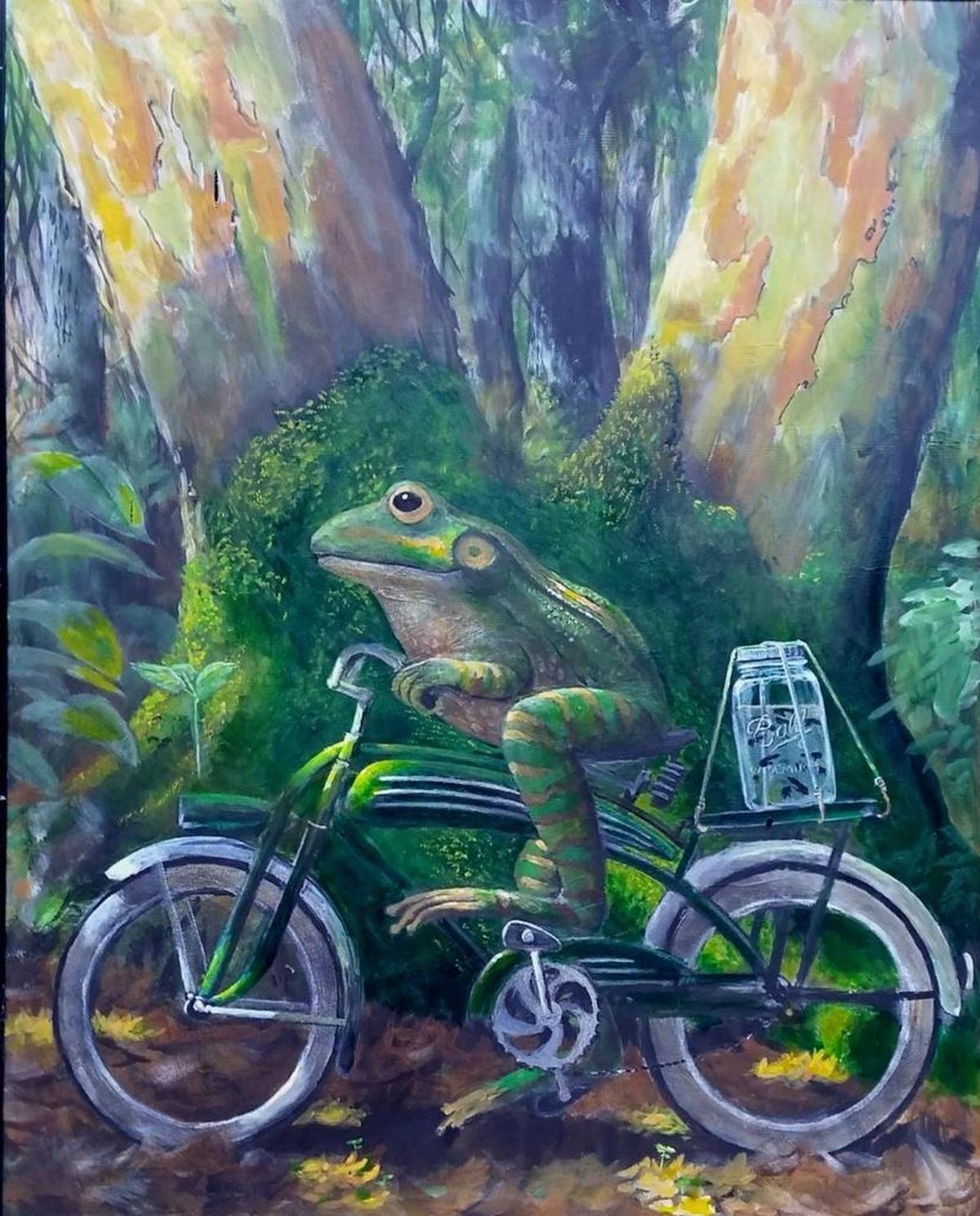 “Taking the Kids for a Spin” is one painting in Farmer’s exhibit, “Hey, My Ride is Here.”