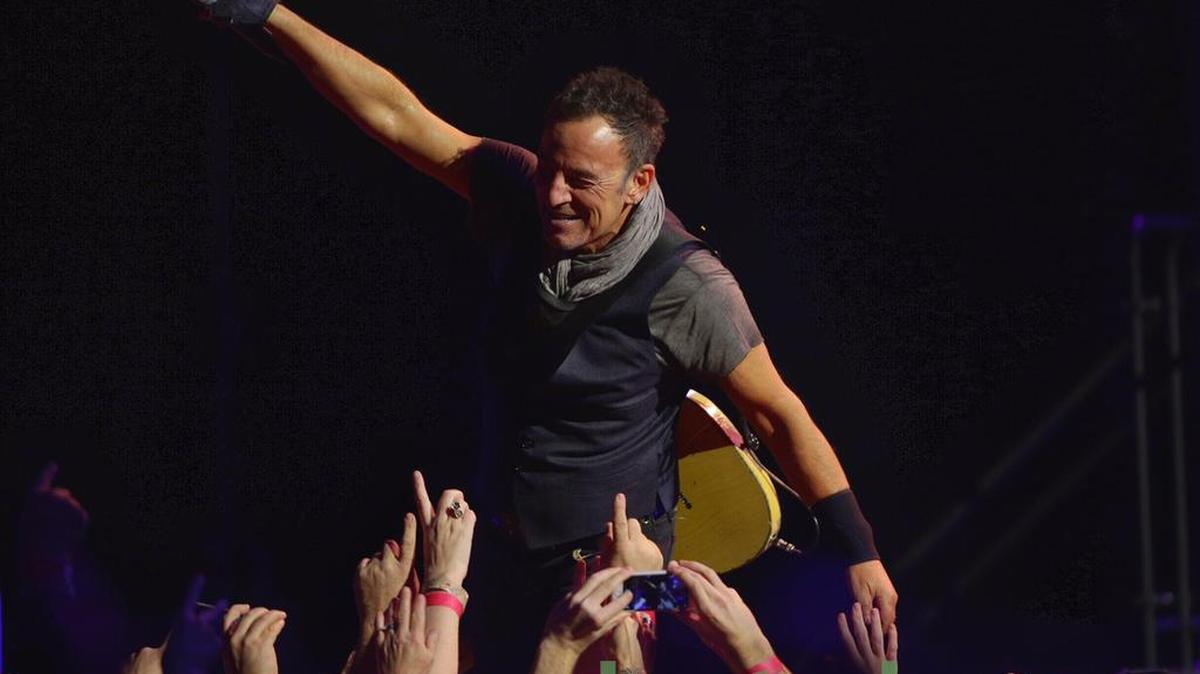 Bruce Springsteen plays to the crowd at the KFC Yum Center in Louisville on Feb. 21, 2016.