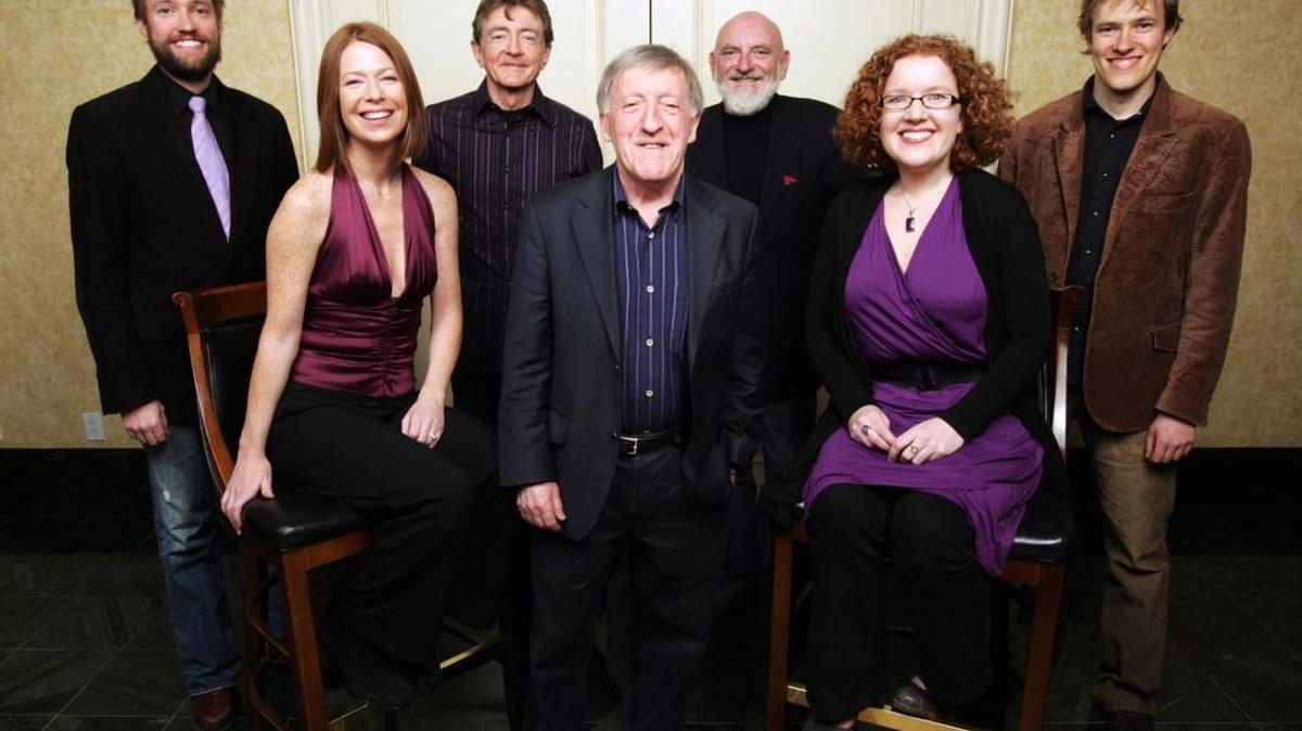 The Chieftains, from left: dancer-fiddler Jon Pilatzske, dancer Cara Butler, bodhran player-vocalist Kevin Conneff, piper-leader Paddy Moloney, flutist Matt Molloy, harpist Triona Marshall and dancer Nathan Pilatzske.