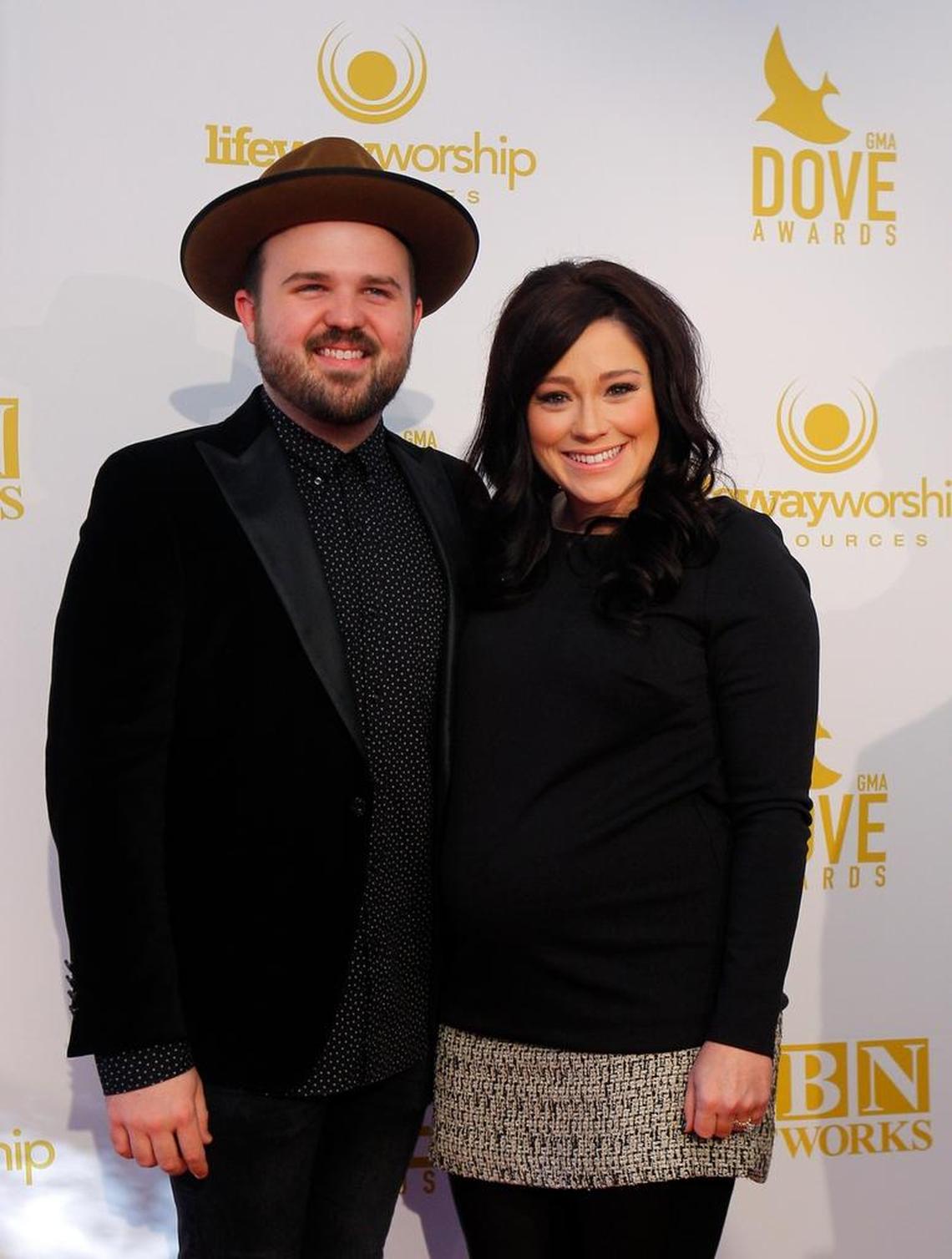 Kari Jobe, right, and husband Cody Carnes attend the 46th Annual GMA Dove Awards at Lipscomb University on Tuesday, Oct. 13, 2015, in Nashville.