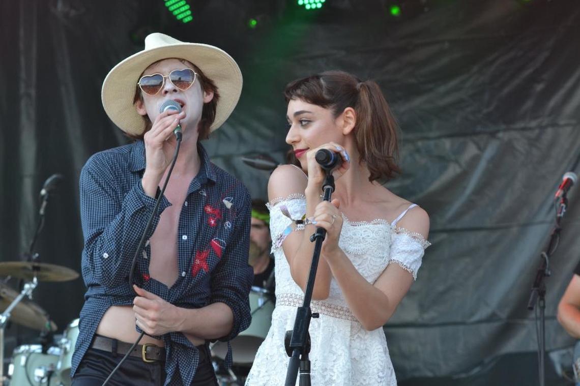 Sam France of Foxygen and another singer on the Boom Stage at the Forecastle Festival.