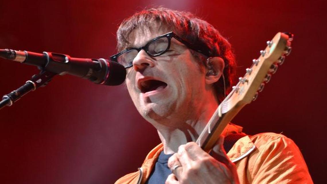 Rivers Cuomo of Weezer plays the band's headlining set on the final day of the Forecastle Festival.