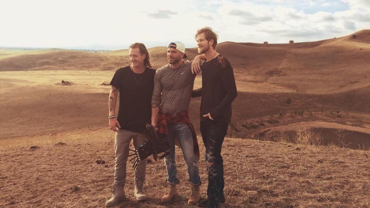 Tyler Hubbard, TK McKamy and Brian Kelley on the Australian set of the Florida Georgia Line video “H.O.L.Y.”
