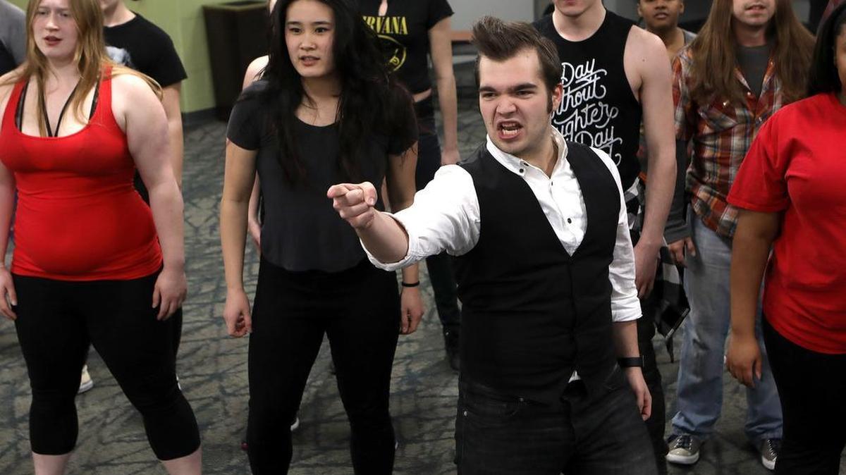 Chris Wilson sang during a scene in “American Idiot,” presented by Bluegrass Community and Technical College Theatre.