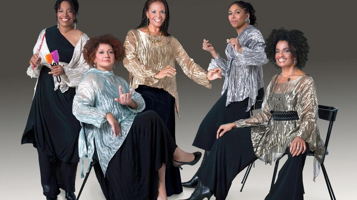 Sweet Honey in the Rock are Louise Robinson, sign-language interpreter Shirley Childress, Nitanju Bolade Casel, Carol Maillard and Aisha Kahlil.