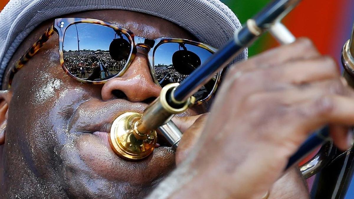 Big Sam, of Big Sam’s Funky Nation, performed at the New Orleans Jazz and Heritage Festival on April 23, 2016.