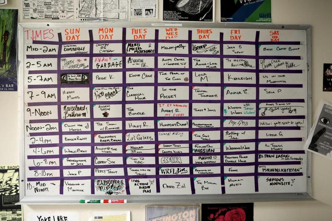 Broadcast schedule in WRFL’s studio at UK. WRFL is celebrating its 30th anniversary with a series of events this weekend at The Burl.