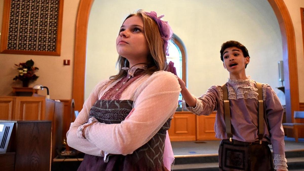 Abby Cunningham plays hard-to-get Bastienne as Bastien, played by J.T. Snow, woos her in the Mozart opera “Bastien un Bastienne,” presented by the School for Creative and Performing Arts at Lafayette High School.