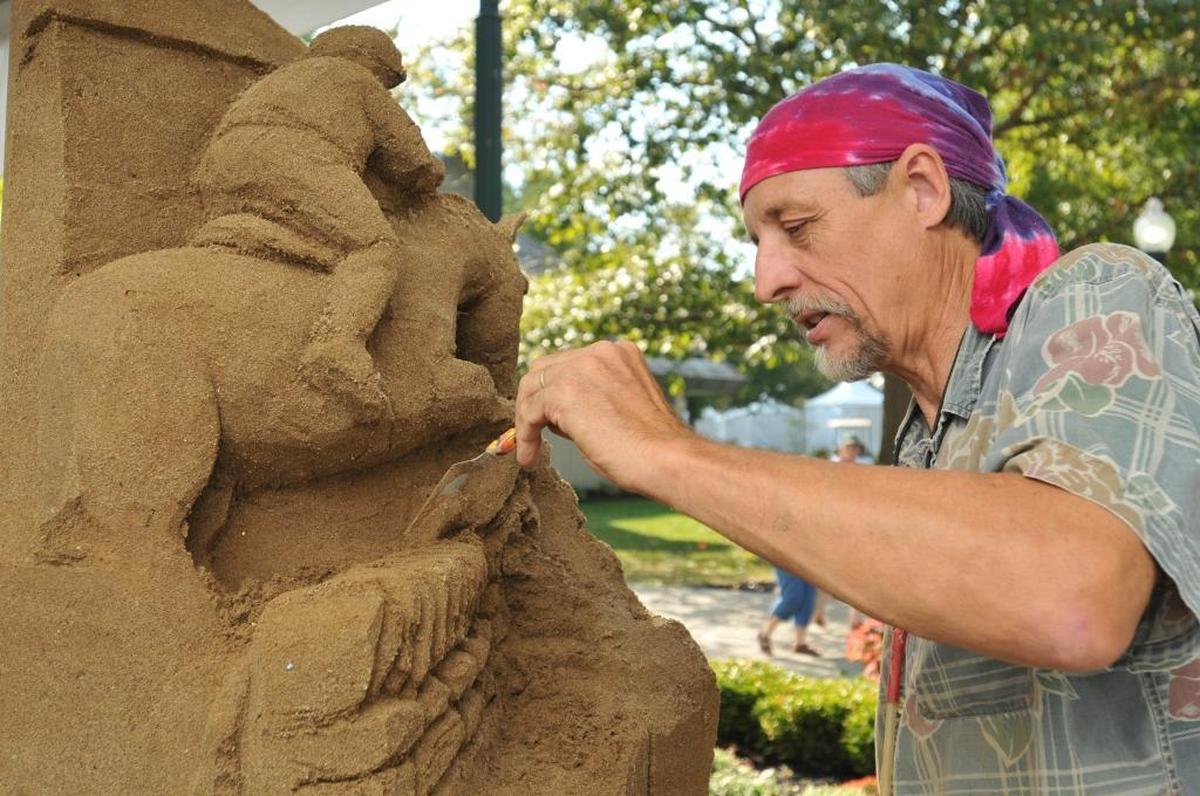 Versailles-based artist Damon Farmer is known for his large-scale sand sculptures, but his latest exhibit is whimsical acrylic paintings at Artists’ Attic.