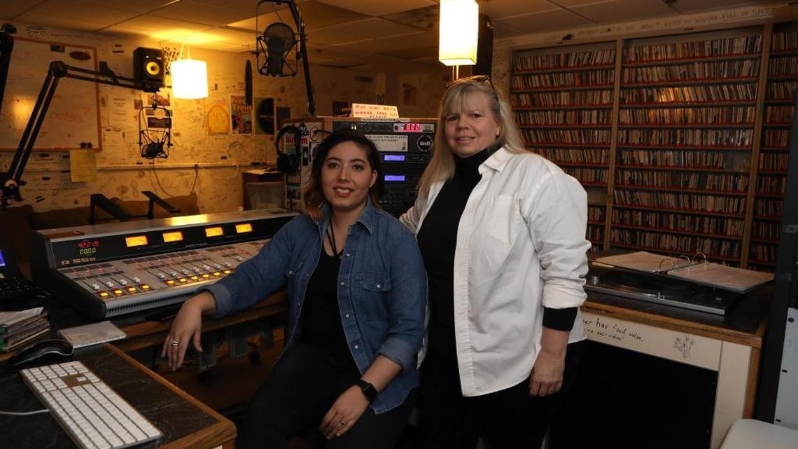 Franki Arroyo, general manager of the WRFL, with Prof. Kakie Urch, one of the founders of the station, in WRFL’s studio at UK. WRFL is celebrating its 30th anniversary with a series of events this weekend at The Burl.