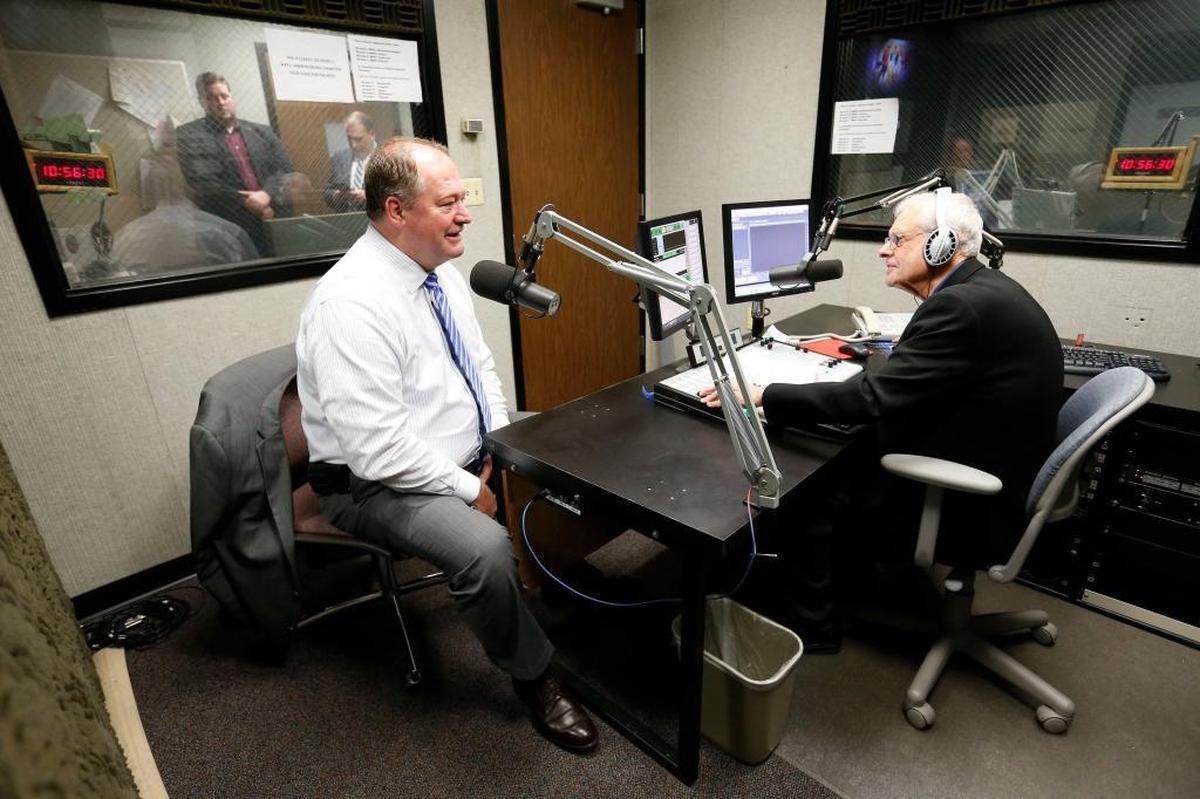 Then State Speaker of the House Jeff Hoover, left, was interviewed by John Hingsbergen in the WEKU studios located on the ground floor in the Carl D. Perkins Building on the Eastern Kentucky University campus in Richmond, Ky., Thursday, March 9, 2017. Hingsbergen died Tuesday, after suffering a heart attack.