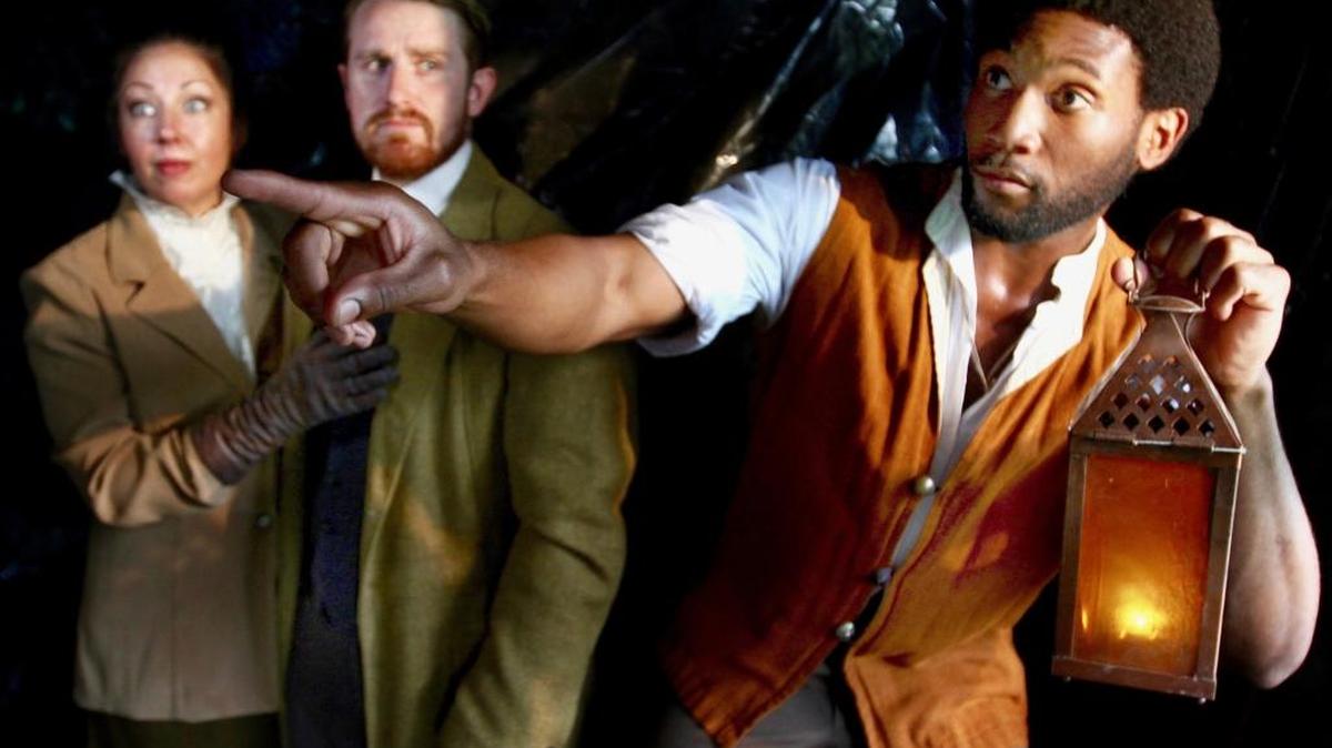 From left, Kathleen Thompson Parker as Catherine Huffman, Liam McDermott as John Huffman, and Joshua Jerome as Stephen Bishop in Pioneer Playhouse’s revival of Elizabeth Orndorff’s “Death by Darkness.”