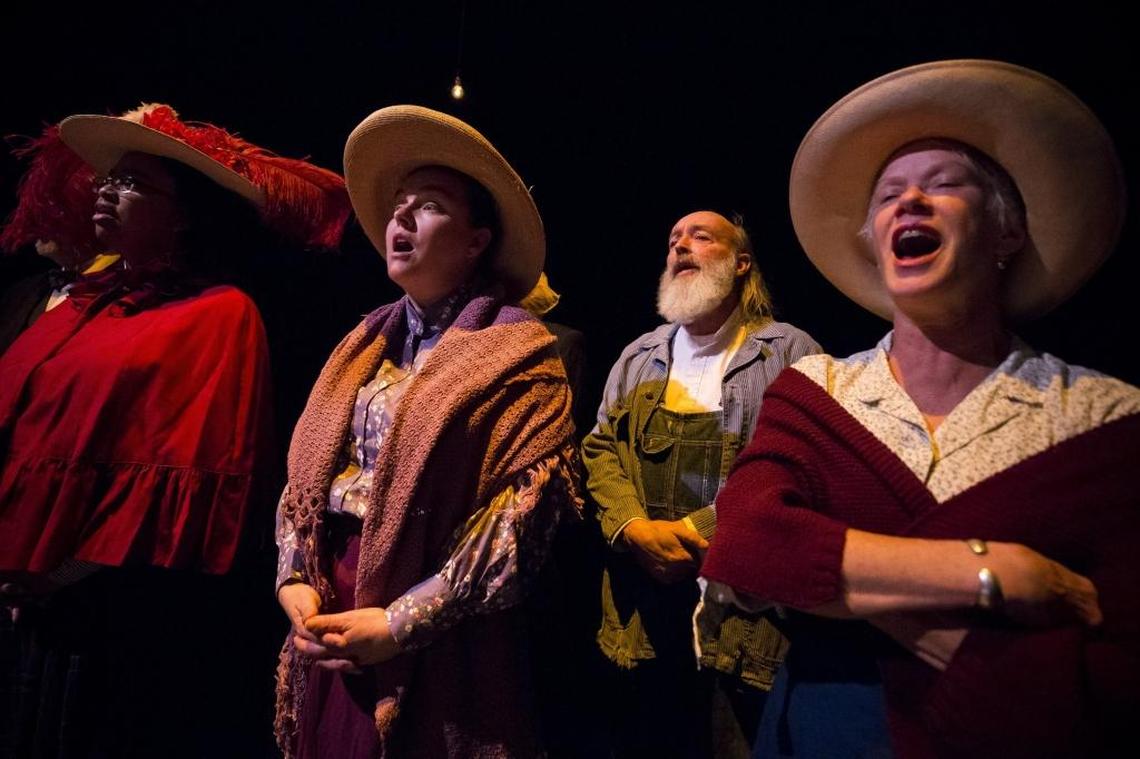 From left, Jess Cummins, Alana Ghent, Mark Smith and Sherman Fracher in a scene from “Our Town,” presented by the AthensWest Theatre Company.
