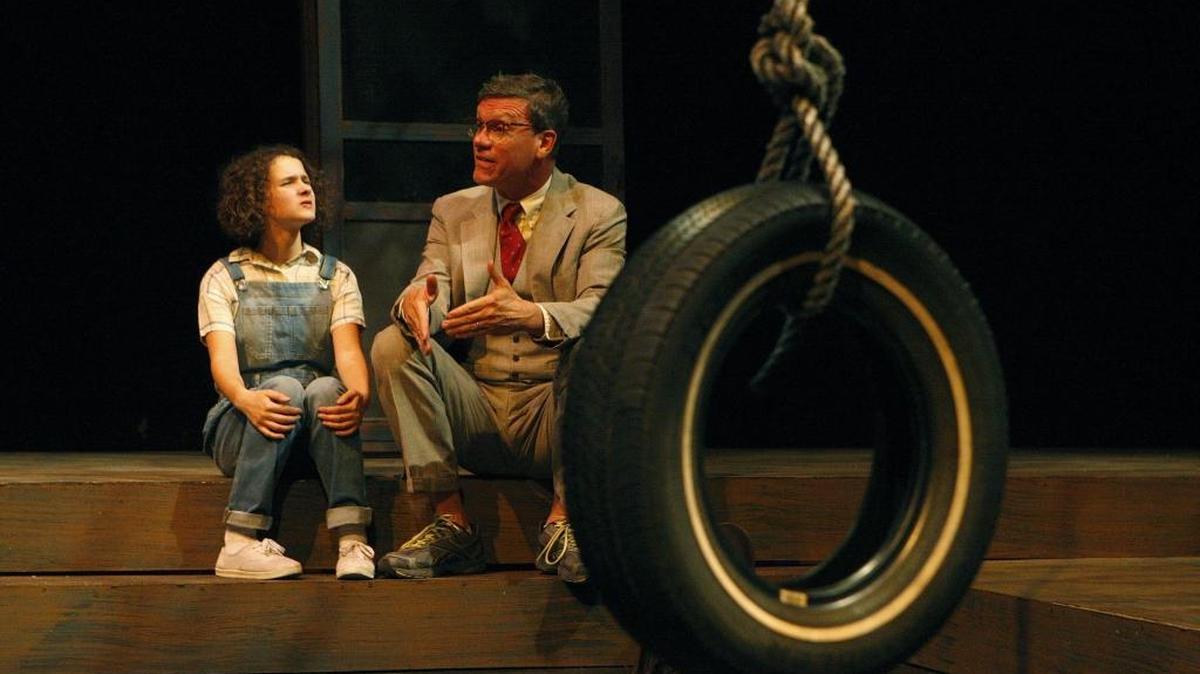 Kevin Crowley, as Atticus Finch, chatted with Emily Reed as Scout during a rehearsal for To Kill A Mockingbird.