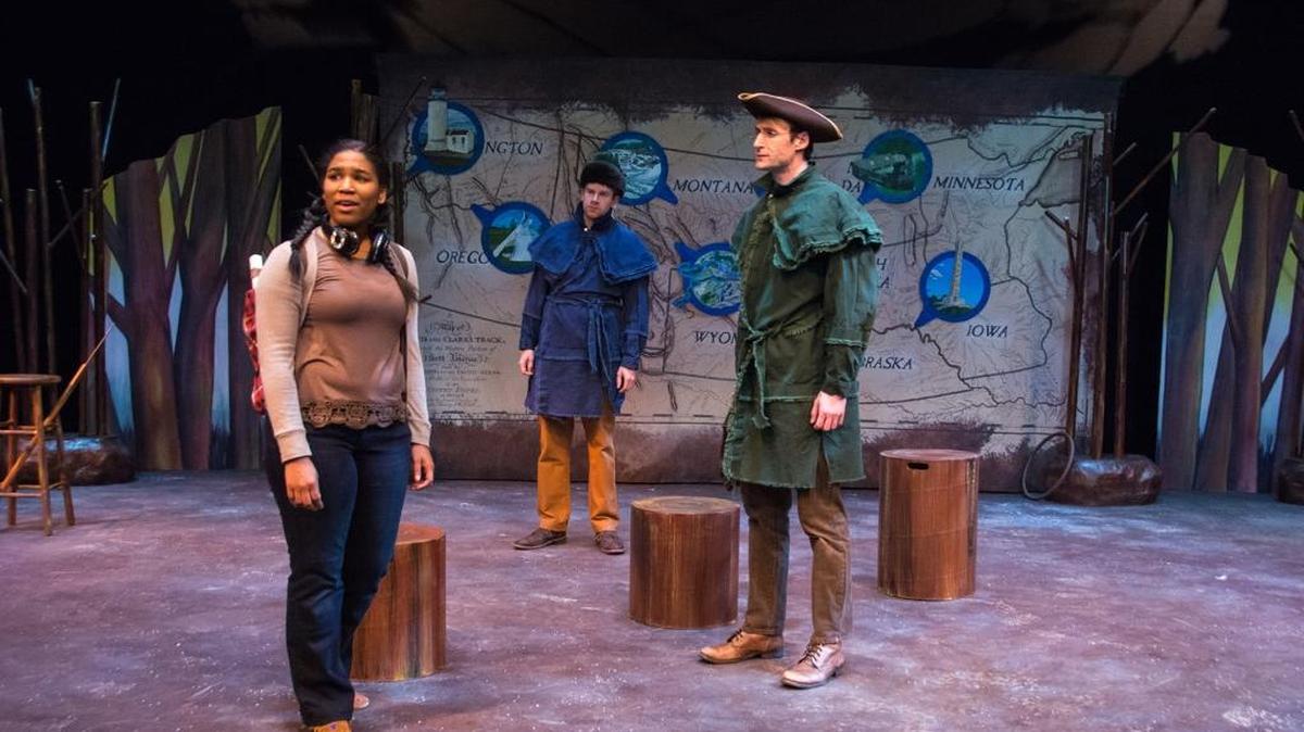 Alex Reeves plays both Sacagawea and contemporary Jane, Daniel Prillaman, center plays Lewis, and Mark Andrew Tucker is Clark in Lexington Children’s Theatre production of “Sacagawea: Discovering History.”