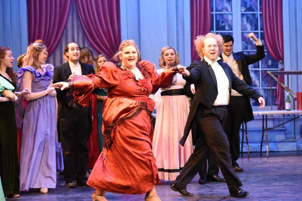 Mrs. and Mr. Fezzywig (Kellie Sherwood and Jacob Karnes) get their Christmas Party started in this 2016 production at UK.
