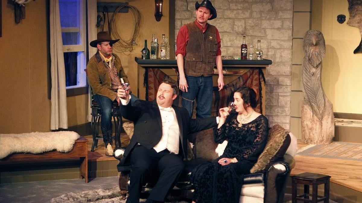 Marcus Roland, left, Eric Seale, Bradley Ulery and Hayley Williams Feck during a dress rehearsal for “Whodunnit, Darling?,” presented by Studio Players, at The Carriage House at Bell Court in Lexington, Ky., Tuesday, November 8, 2016.