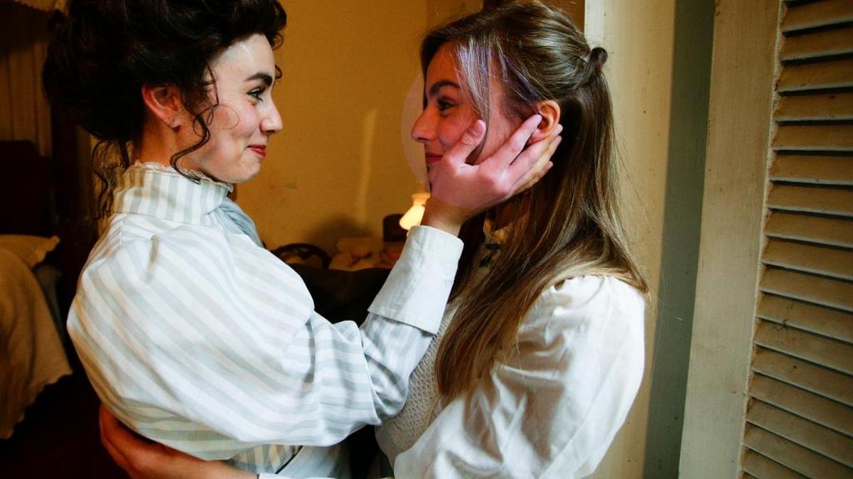 Courtney Waltermire, left, as Dunyasha and Kelsey Waltermire, as Anya, during rehearsals for The Cherry Orchard at Ward Hall on Wednesday June 16, 2016 in Georgetown, Ky.