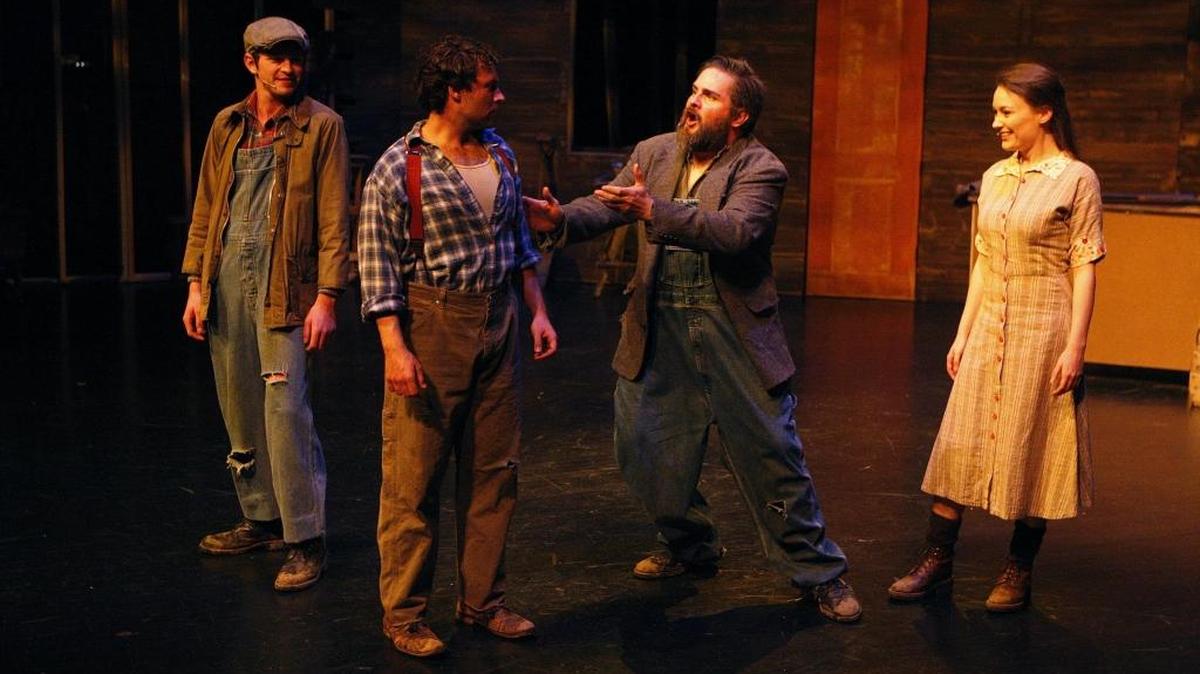 From left, Peter LaPrade, Mark Mozingo, Johnathan Watson and Jenna Day in a scene from “Golden Boy of the Blue Ridge,” presented by AthensWest Theatre Company.