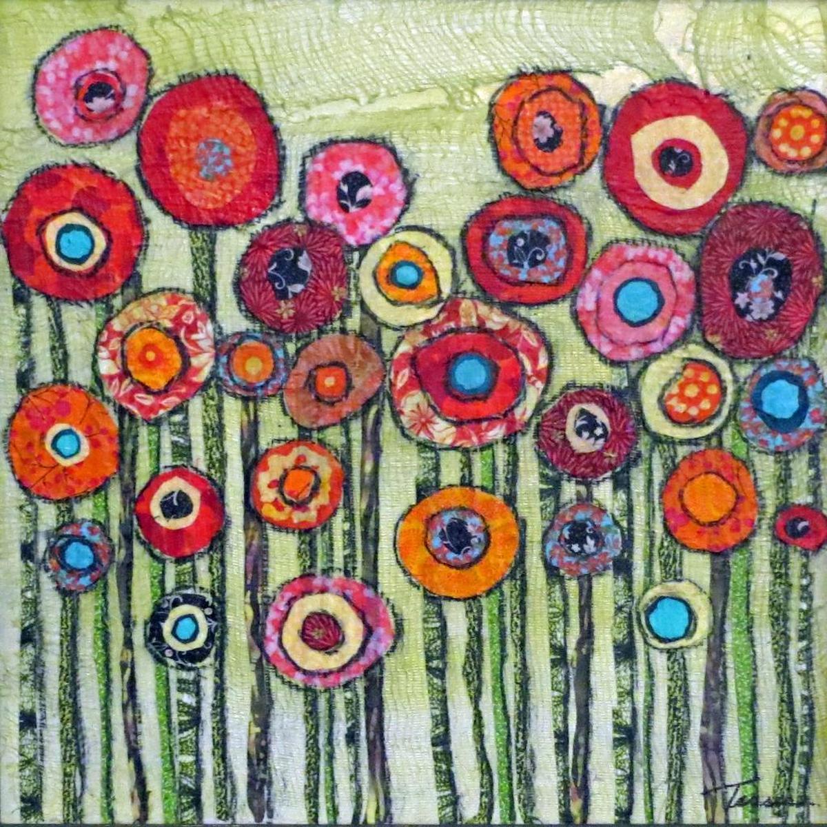 A painterly field of colorful poppies is made of many pieces of fabric forming a textile mosaic. The work is by Sharon Tesser, one of the artists you’ll find at Kentucky Crafted: The Market.