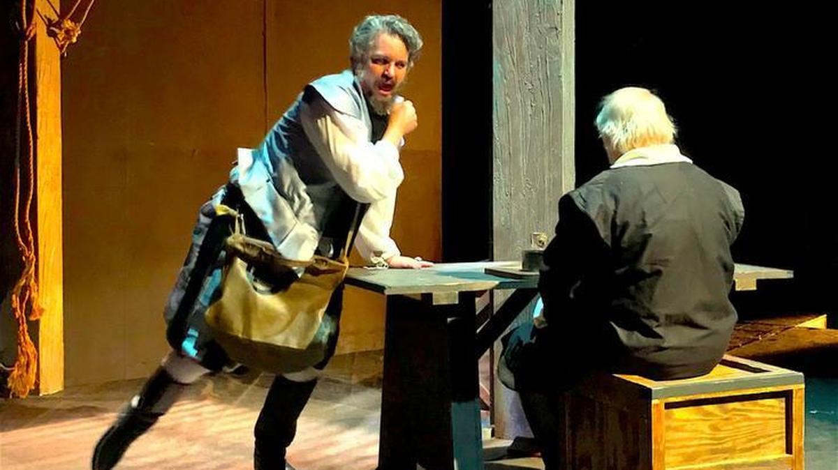 Matthew Lewis Johnson as Shakespeare and Anthony Haigh as Father Henry Garnet in AthensWest Theatre Co.’s production of Bill Cain’s “Equivocation,” opening this weekend.