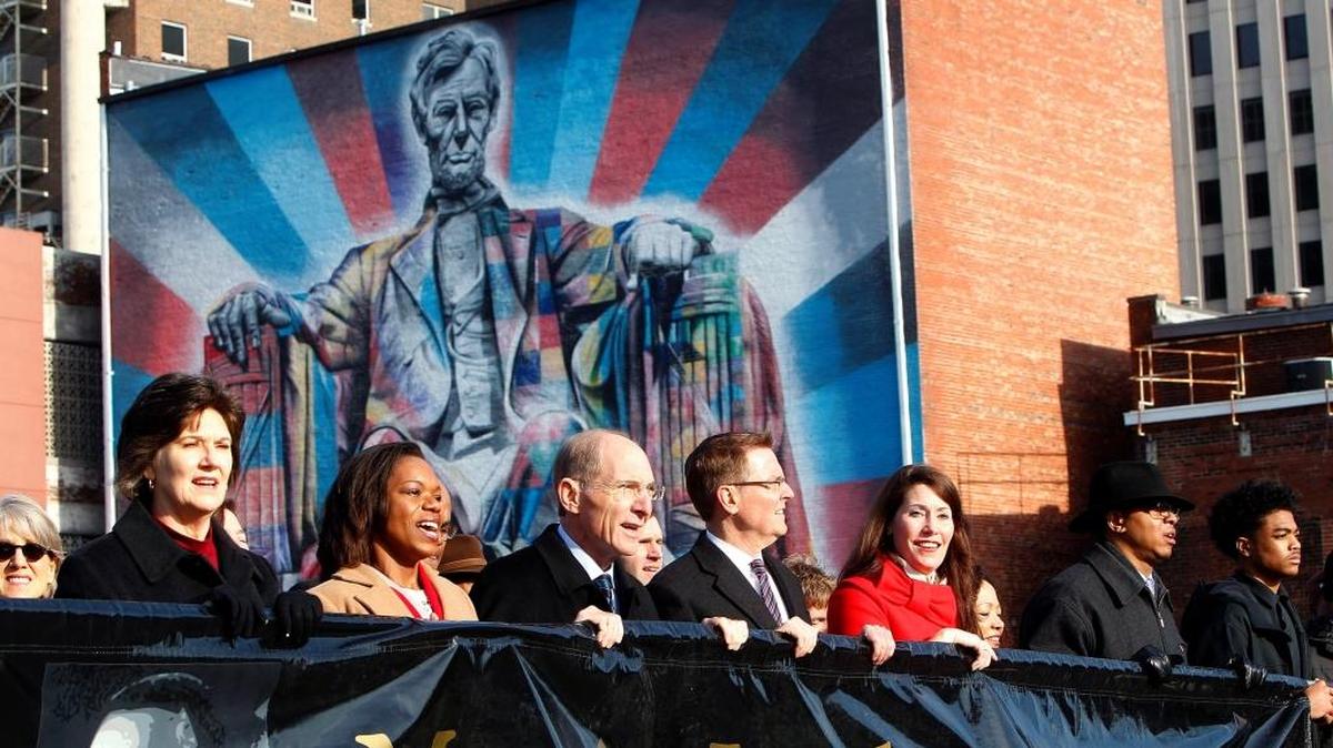Civic leaders led marchers through downtown during the Freedom March in 2017.