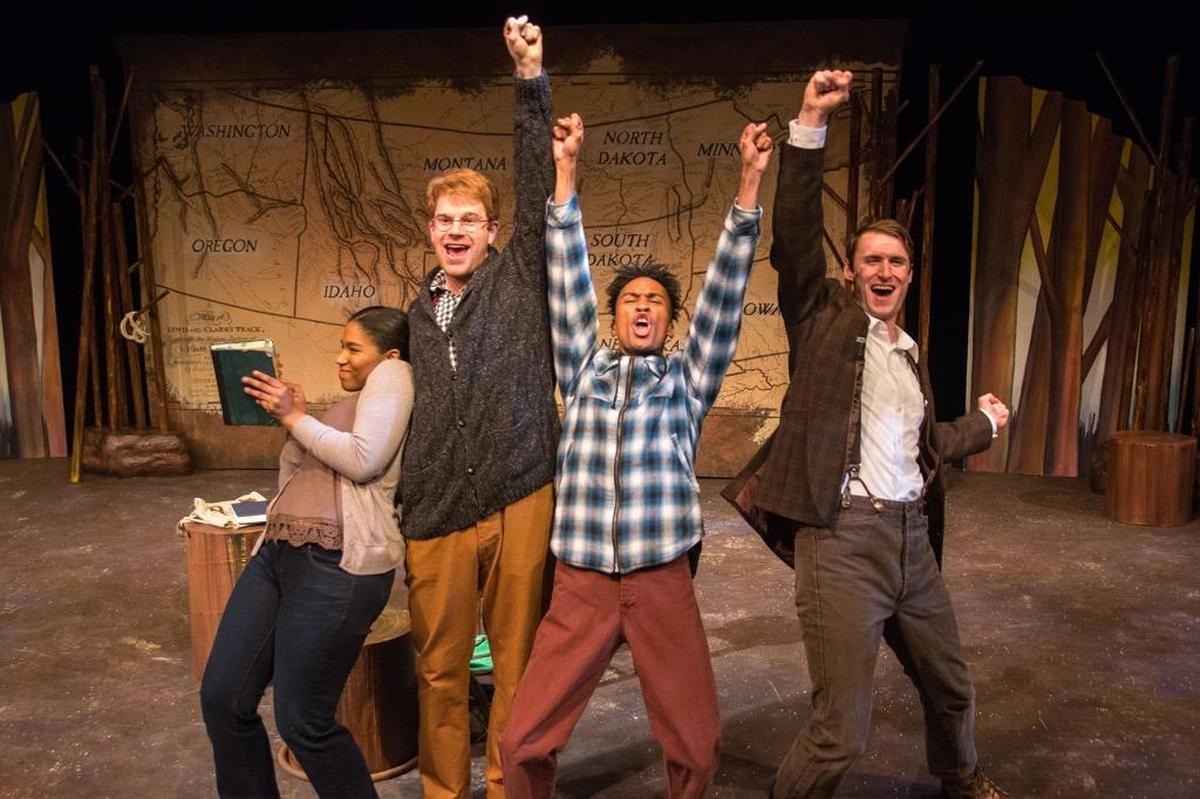 From left, Alex Reeves as Jane, Daniel Prillaman as Uncle Dan, Tyrell Ruffin as Louie and Mark Andrew Tucker as Dad in the Lexington Children’s Theatre production of “Sacagawea: Discovering History.”