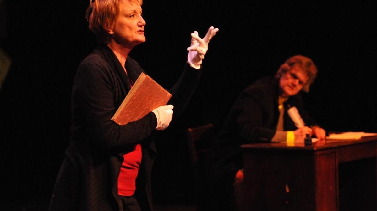 Katherine (Janet Scott) looks through Beethoven's work while in a parallel scene, Beethoven (Robert Parks Johnson) works on the same piece.AthensWest Theatre Company presents "33 Variations" by Moisés Kaufman Feb. 12-21, 2016, at the Downtown Arts Center, 141 East Main Street in Lexington, Kentucky.