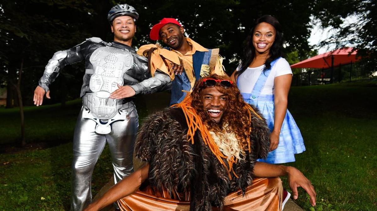 Justin Norris as Tin Man, Krissalyn Love as Dorothy, Cole J. Campbell as Scarecrow and Ron Wilbur as Lion in Lexington’s Woodland Park. The SummerFest production of “The Wiz” is July 6 to 9 and 13 to 16. Photo by Rich Copley, rcopley@herald-leader.com.