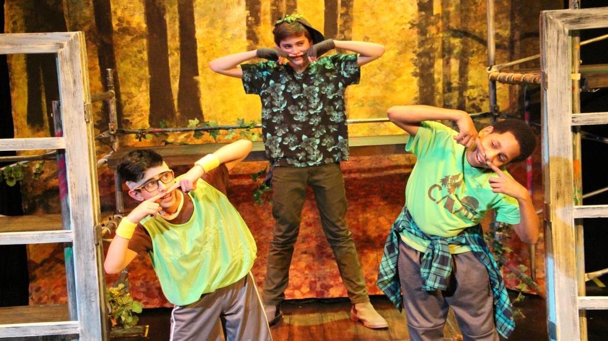 From left, Hakeem Shalash as Tootles, Jackson Greene as Peter Pan, and Alan Bunkley as Curley in “Peter Pan Jr.”