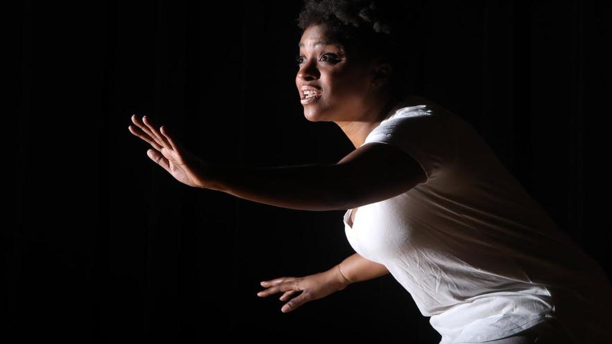 Lacresha Berry rehearses a scene from Tubman, a one-woman show she wrote and stars in, at Lyric Theatre in Lexington, Ky., Tuesday, February 14, 2017.