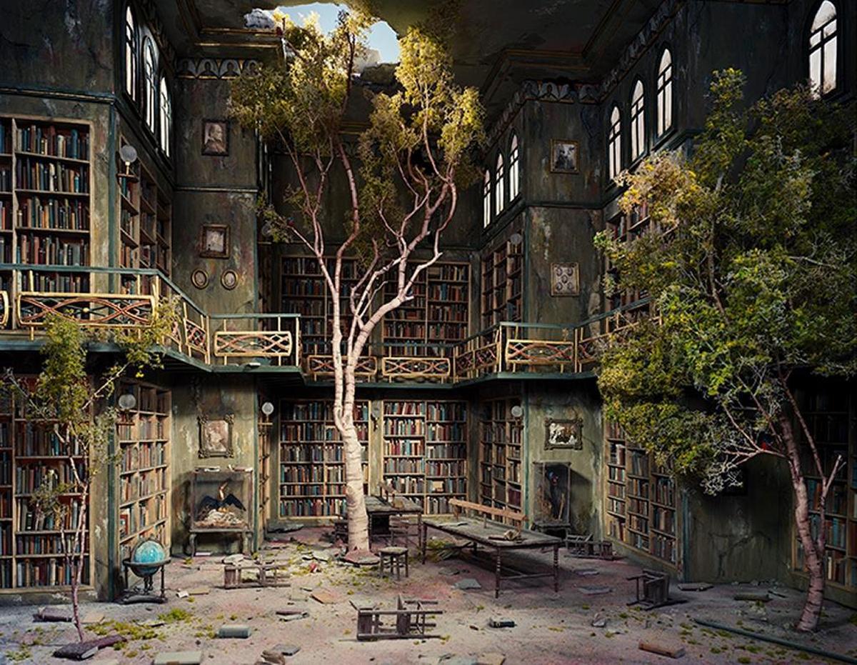 “Library,” 2007, archival pigment print by Lori Nix.