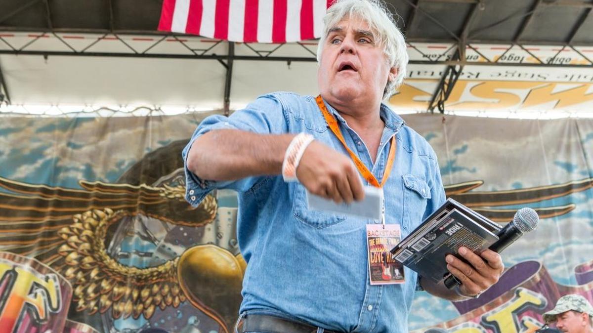 Jay Leno on stage during the 32nd Love Ride at Castaic Lake on Oct. 18 in Castaic, Calif.