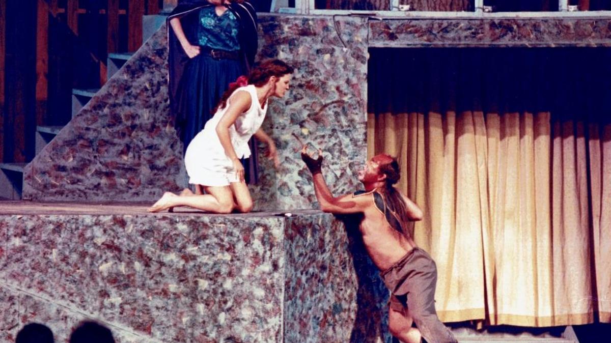 The 1991 production of The Tempest in Woodland Park featured, from left, Tamara Lamb as Prospero, Tara Bellando as Miranda and Gene Haley as Caliban.