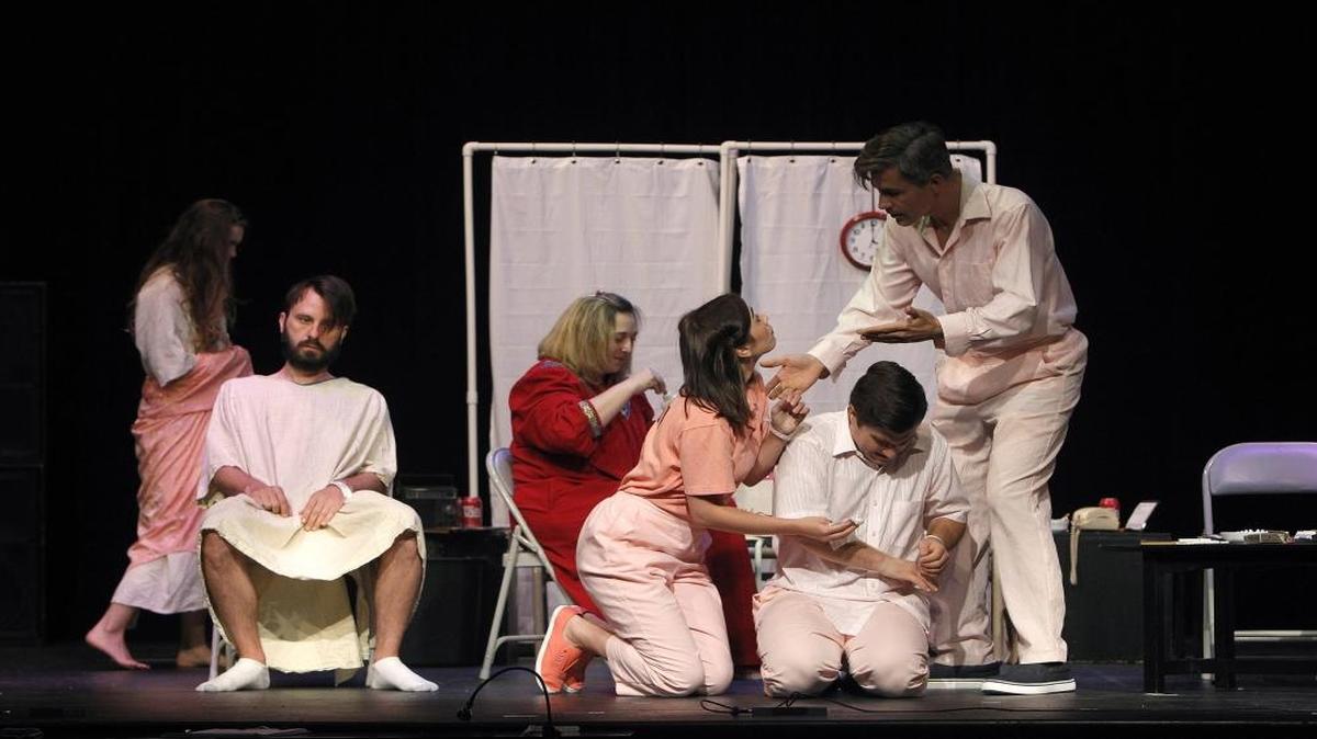 Cast members rehearse a scene from “One More Fine Day,” a dark musical comedy by Lexington native Caitlyn Waltermire Leonard, at the Leeds Theatre in Winchester, Ky., Saturday, July 8, 2017.
