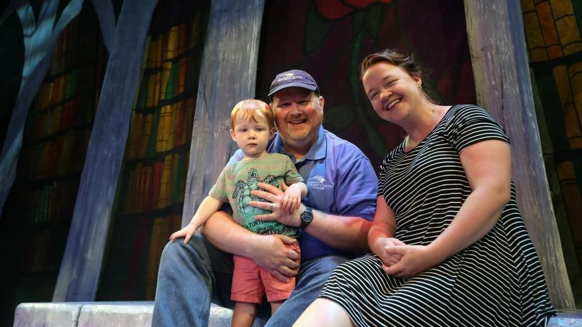 Director Jeremy Kisling and his wife, choreographer Amie Kisling, with their son, Leo, 2, on the set of the Summer Family Musical at Lexington Children’s Theatre. This year’s production is “Disney’s Beauty and the Beast.” They are among 10 families working on this year’s production.