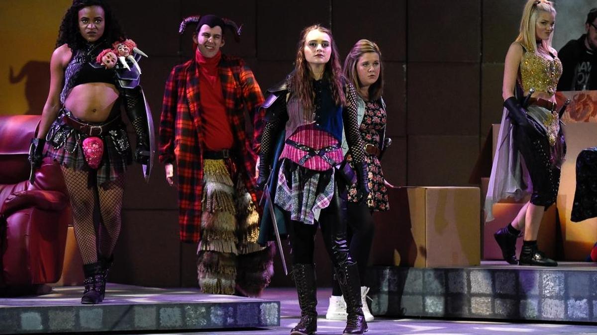 From left, Lilith (Tamia Fair), Orcus (Henry Harris II), Tilly (Kelsey Reese), Agnes (Sloan Gilbert) and Kaliope (Cameryn Zupon) head into battle in the University of Kentucky Theatre production of “She Kills Monsters.”