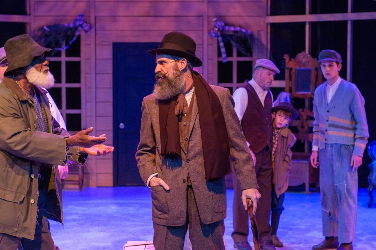 Virgil Covington (Monongah Man), Adam Luckey (Scrooge), Terry Withers (Topper), David Lin (Waterboy), Kevin Lausche (Narrator) in Woodford Theatre’s production of “An Appalachian Christmas Carol.”