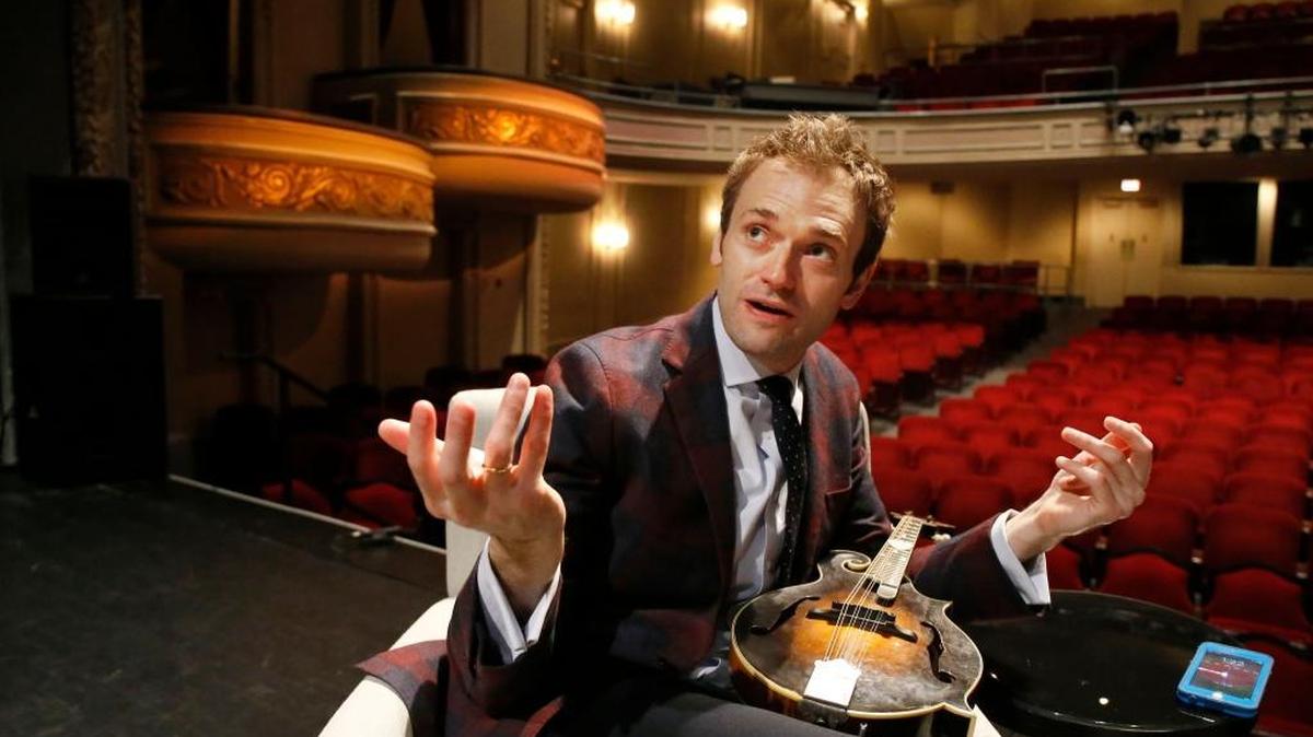 Chris Thile gestures during an interview at the Fitzgerald Theater in St. Paul, Minn. on April 5, 2016. Thile is succeeding Garrison Keillor as host of “A Prairie Home Companion,” the popular public radio variety show.