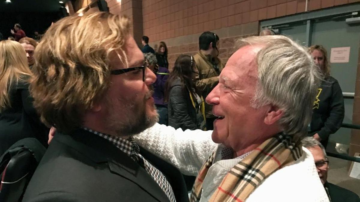 Jan Lewandowski, right, better known as Jan Lewan, embraced actor Jack Black at the premiere of “The Polka King” at the Sundance Film Festival in Utah.