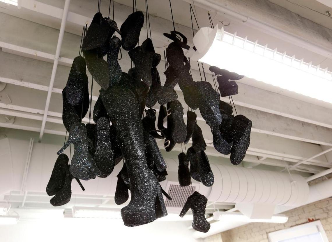 Some of the painted shoes created by Ebony G. Patterson in her studio in UK’s Art & Visual Studies Building.