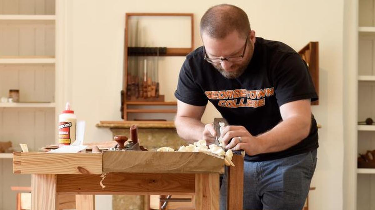 Lexington Art League artist-in-residence J. Daniel Graham at his handmade work bench in the Loudoun House Gallery. Graham will be featured at this week’s Fourth Friday Party, and his exhibit “The Less You Say” will open in late August. It will feature works he created over the summer.