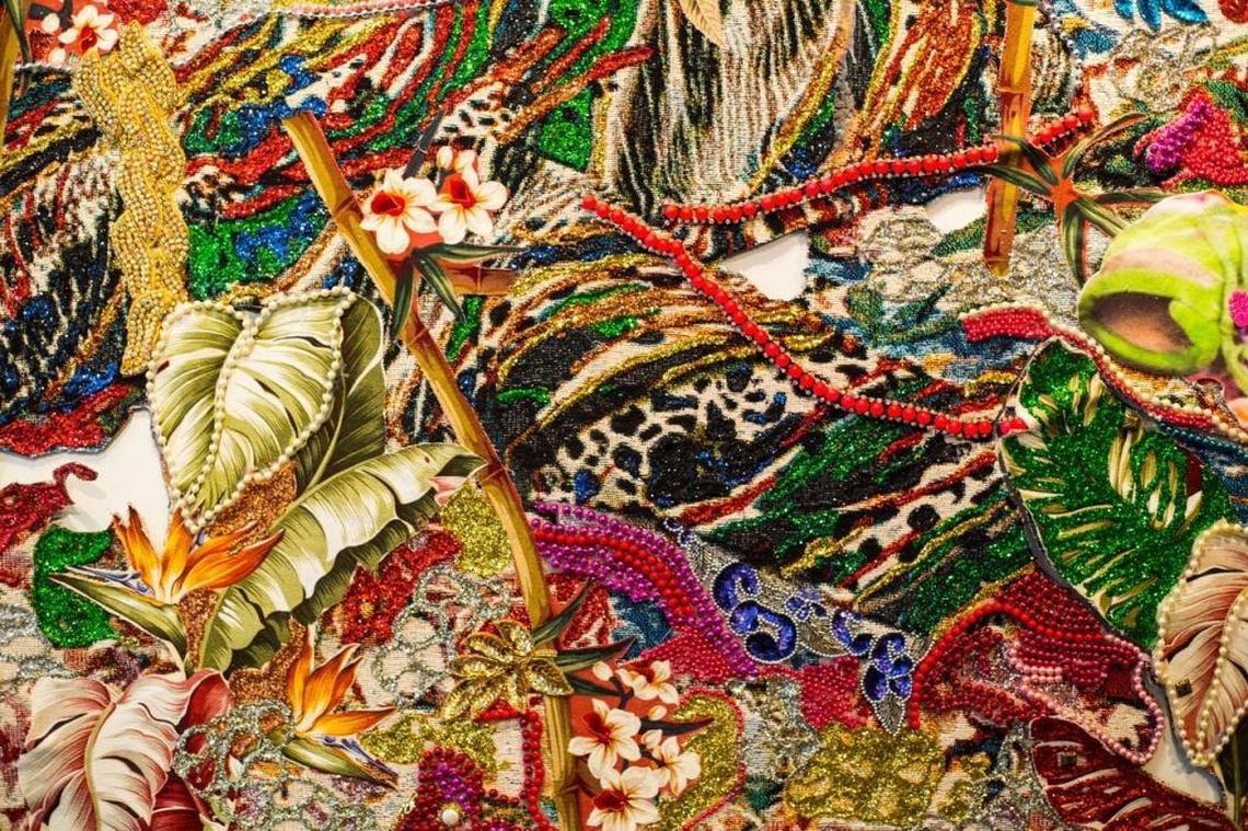 This piece entitled “found among the reeds” from Ebony G. Patterson’s Dead Treez show, was part of a show at the 21C Museum Hotel in Lexington in 2016.