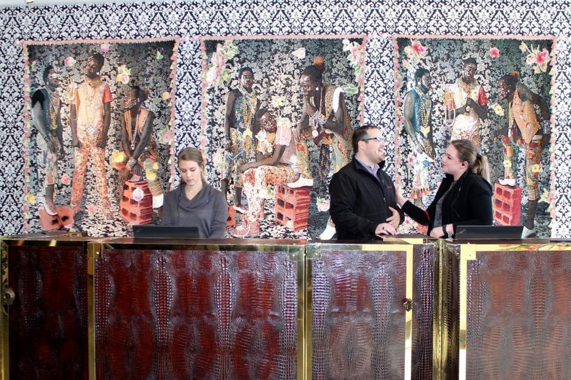 Ebony G. Patterson tapestries hung at the 21C Hotel in Lexington at an exhibit including her work in 2016.