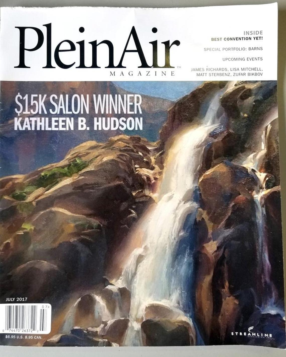 The cover of the July 2017 edition of Plein Air Magazine, featuring Kathleen B. Hudson’s “Bright Morning, Timberline Falls,” won the magazine’s annual Salon competition.